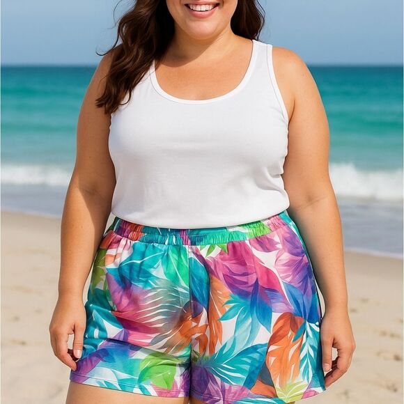 Women's Tropical Swim Shorts – Size 22 – SM by Cacique – Vibrant Leaf Print - Picture 2 of 14